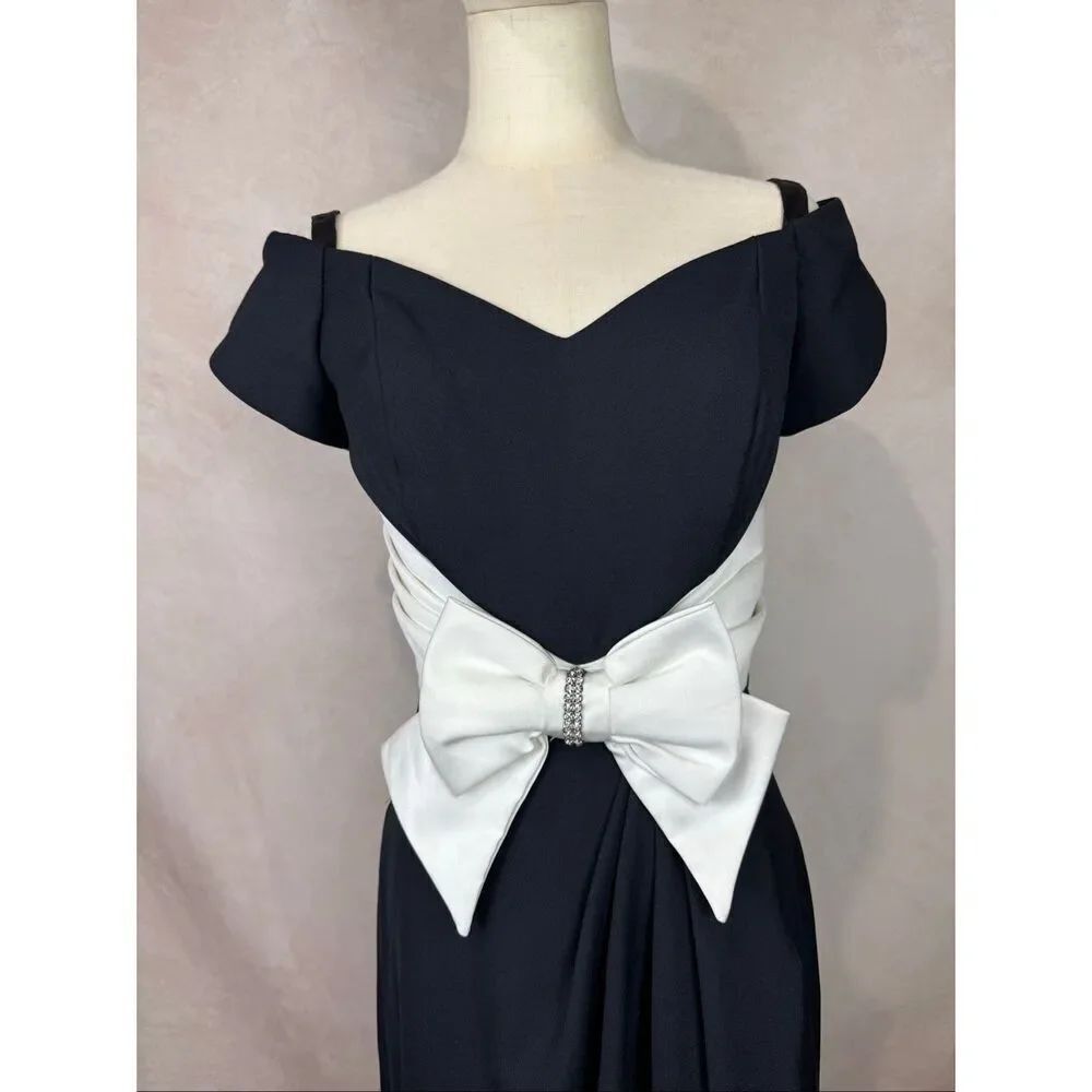 Vintage 1980s 1990s Black Bow Front Dress Off The Shoulder Chic Elegant S/M - Picture 2 of 8